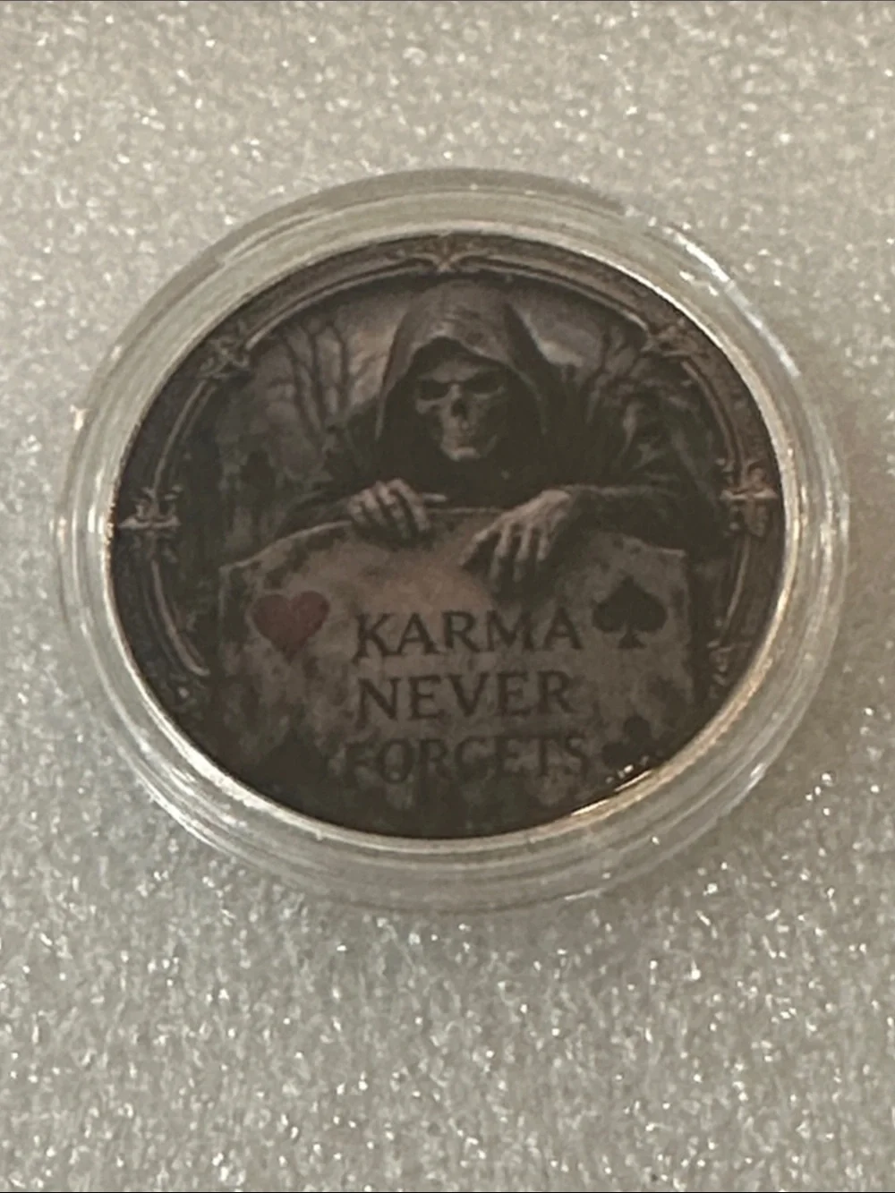 Grim Reaper 'Karma Never Forgets' Round Decorative Coin